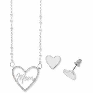 Cubic Zirconia Heart Pendant Necklace & Mother-of-Pearl Earrings in Silver-Tone